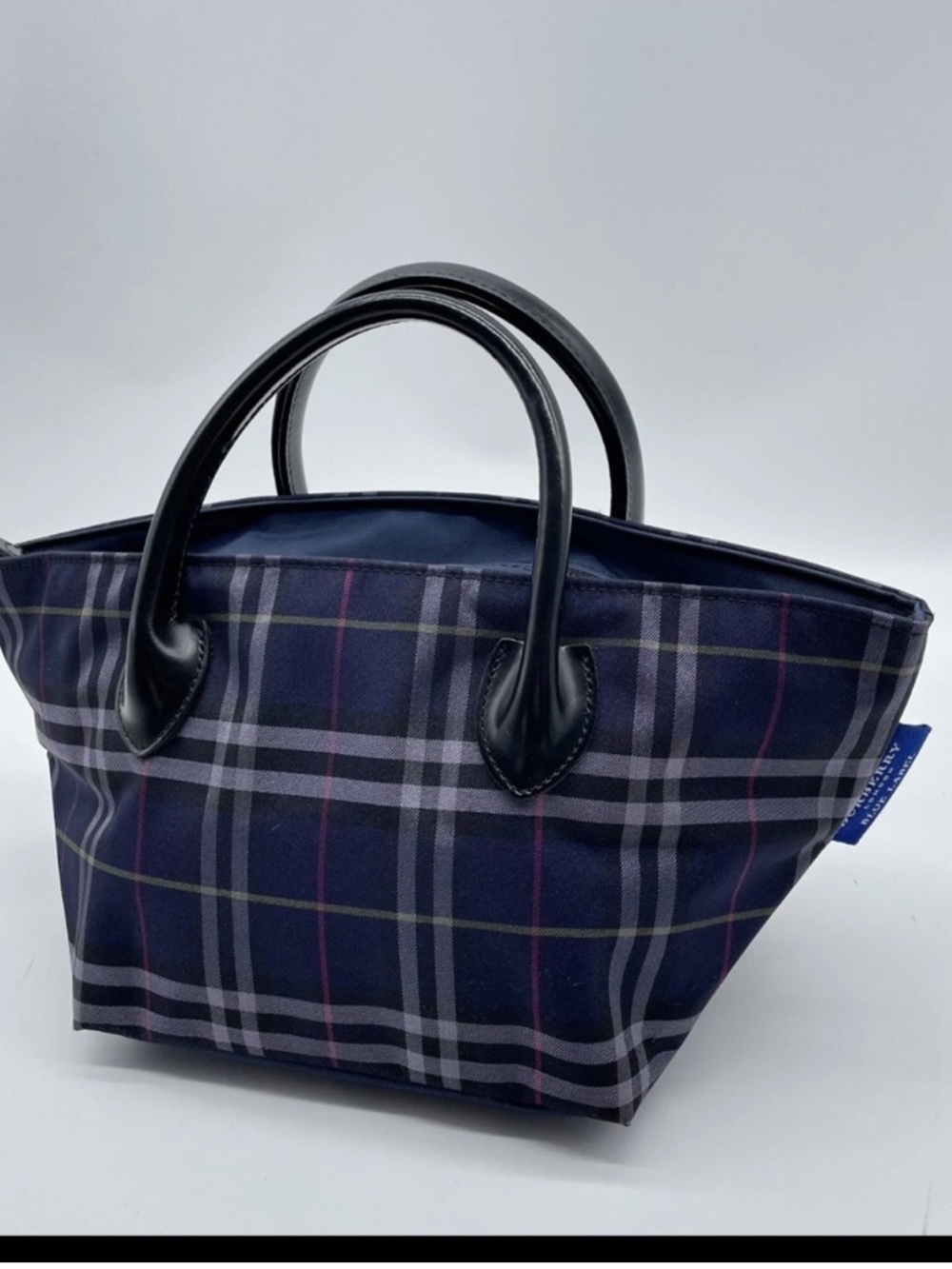 Burberry Small Navy Plaid Tote with Black Leather Handles